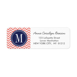 Etiqueta Monograma personalizado zigzag coralino de Chevron