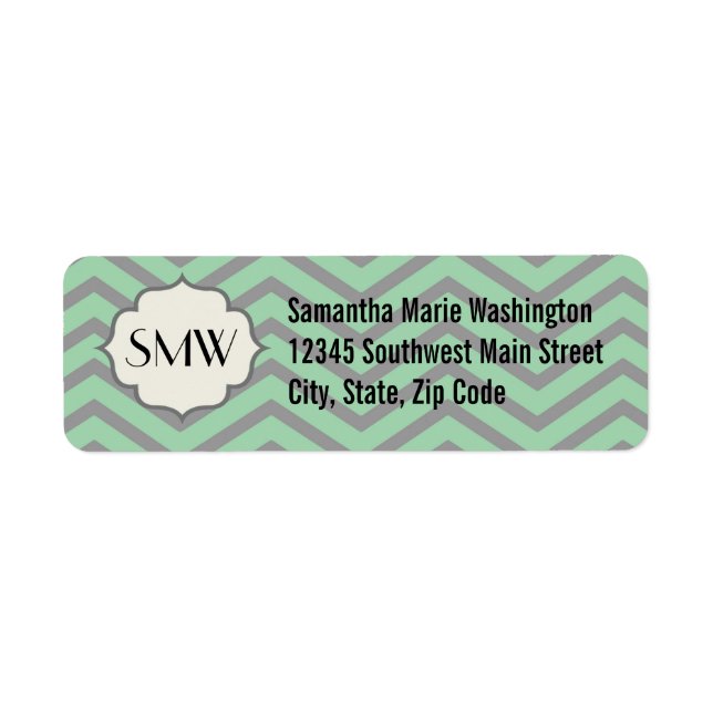 Etiqueta Monogramado de Mint Green Grey Chevron (Frente)