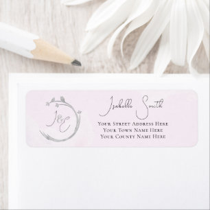 Etiqueta Monogramas Corona de Lovebird Acuarela Gris Rosa P