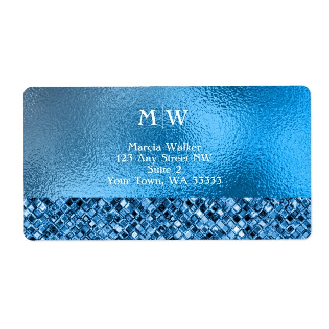 Etiqueta Monogramed Elegant Blue Sparkle Purpurina Luxury (Frente)