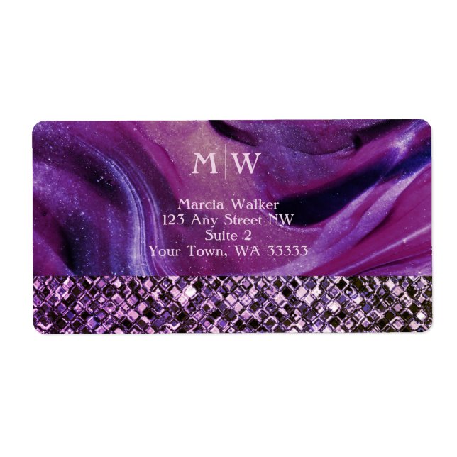 Etiqueta Monogramed Elegant Purple Marble Purpurina Luxury (Frente)