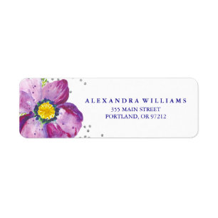 Etiqueta Morado acuarela Anemone Flor Plata Purpurina