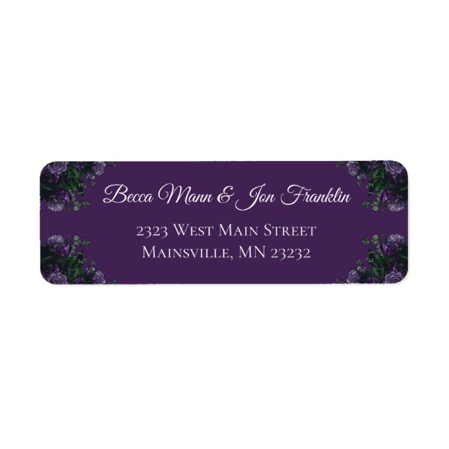 Etiqueta Morado Floral Elegante Boda Gótica (Frente)