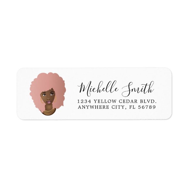 Etiqueta Mujer negra, afro de pelo natural rosado (Frente)