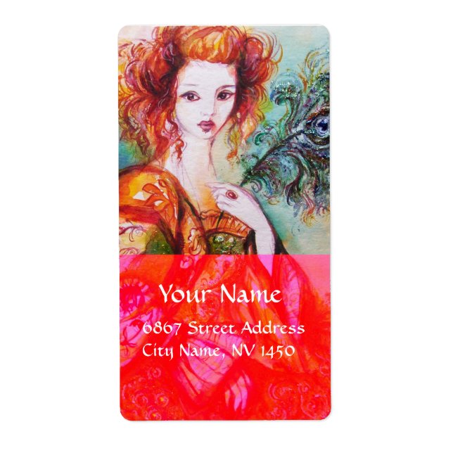 Etiqueta MUJER ROMÁNTICA CON PELO DE PELO DE PELO, rojo (Frente)