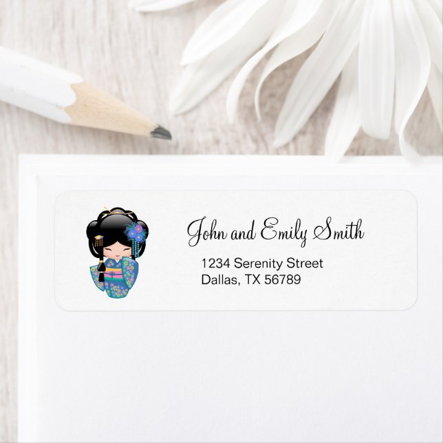 Etiqueta Muñeca Keiko Kokeshi - Chica de Kimono azul Geisha (In situ)