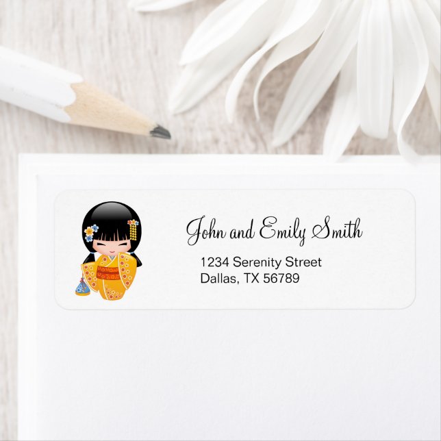 Etiqueta Muñeca kokeshi de verano - Chica Geisha de Kimono  (In situ)