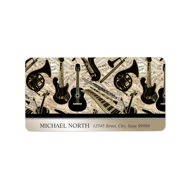 Etiqueta Música de hojas e instrumentos negro/oro (Frente)