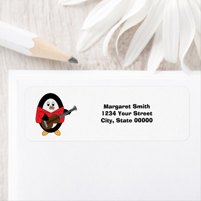 Etiqueta Músico de guitarra pingüino personaliza dirección  (In situ)