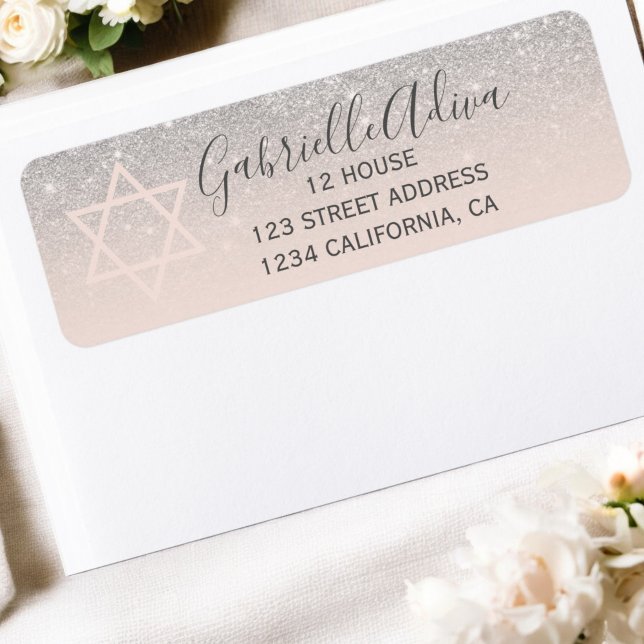 Etiqueta Myrzvah chiringuisa de purpurina plateado (Silver glitter blush pink girly bat mitzvah label)