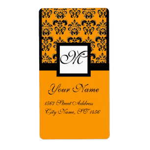 Etiqueta Naranja CUADRADO NEGRO Y AMARILLO DAMASK MONOGRAM