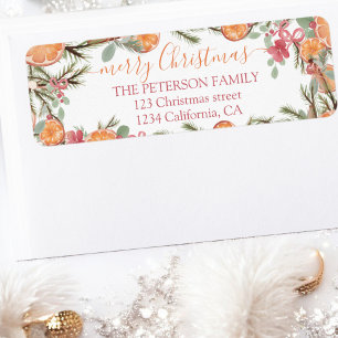Etiqueta Naranja de acuarela festiva Floral Feliz Navidad