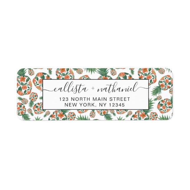 Etiqueta Naranja de coral acuarela Floral Pineapples patrón (Frente)
