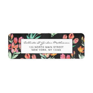 Etiqueta Naranja negro moderno Tulipanes Rojos Floral acuar