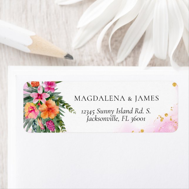 Etiqueta Naranja rosa brillante  tropical floral (In situ)