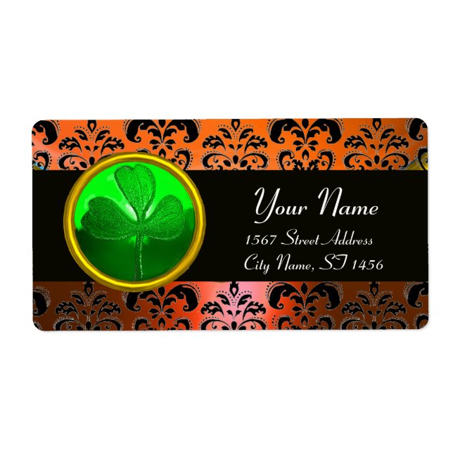 Etiqueta Naranja VERDE DAMASK CON SHAMROCK, negro (Frente)