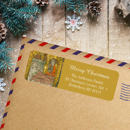 Etiqueta Natividad de la Navidad cristiana medieval de oro