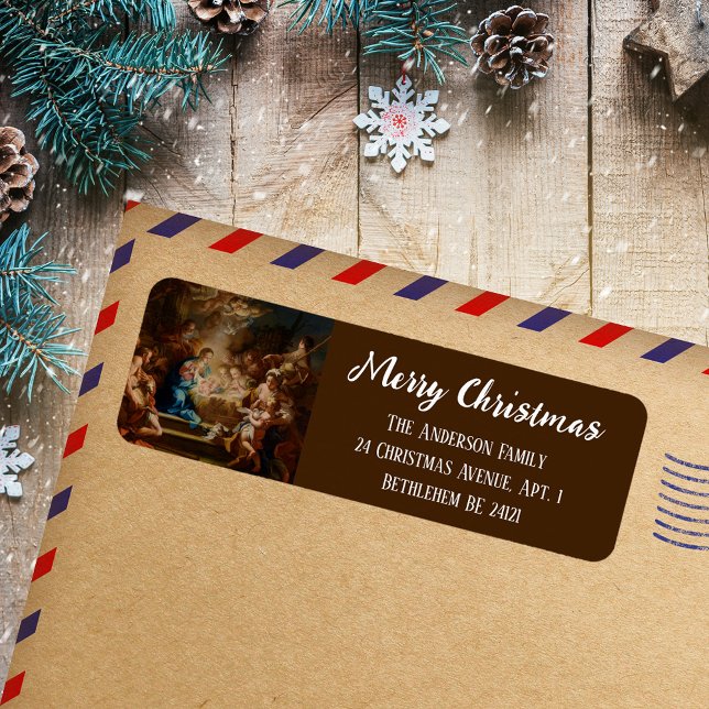 Etiqueta Natividad de los Navidades cristianos barrocos (Baroque Religious Christian Catholic Script Merry Christmas Nativity Scene Return Address Labels)
