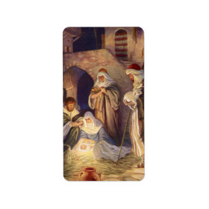 Etiqueta Natividad de Navidad Vintage, 3 Pastores y Jesús
