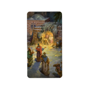 Etiqueta Natividad de Navidad Vintage con Magos de visita