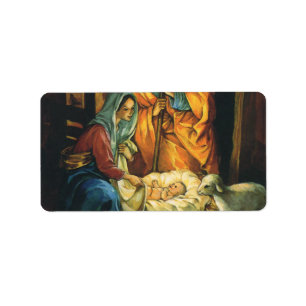 Etiqueta Natividad de Navidad Vintage, Niño Jesús en el Pes