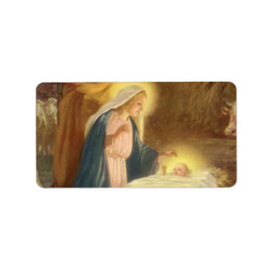 Etiqueta Natividad navideña vintage, Mary Joseph Baby Jesus