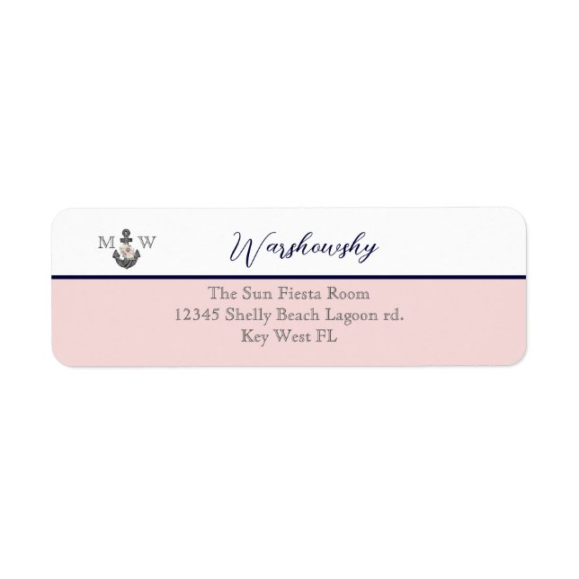 Etiqueta Nautical Boda Floral Anchor rosa y marina (Frente)