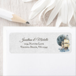 Etiqueta Nautical Sailing Ship and Full Moon Address