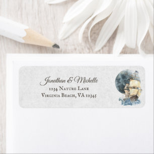 Etiqueta Nautical Sailing Ship and Full Moon Address