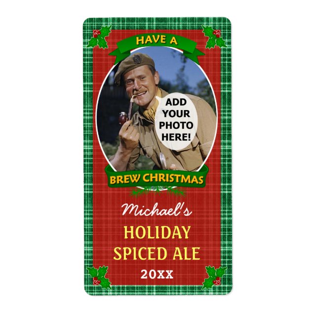 Etiqueta Navidad Beer Personalizado Foto Green Plaid (Frente)