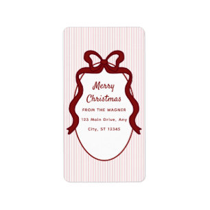 Etiqueta Navidad con rayas rosadas rojas y marco de lazo