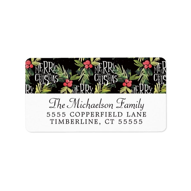 Etiqueta Navidad | Feliz Navidad - Holly Black Pattern (Frente)