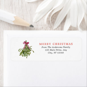 Etiqueta Navidad Muérdago Elegante Acuarela Lazo Rojo