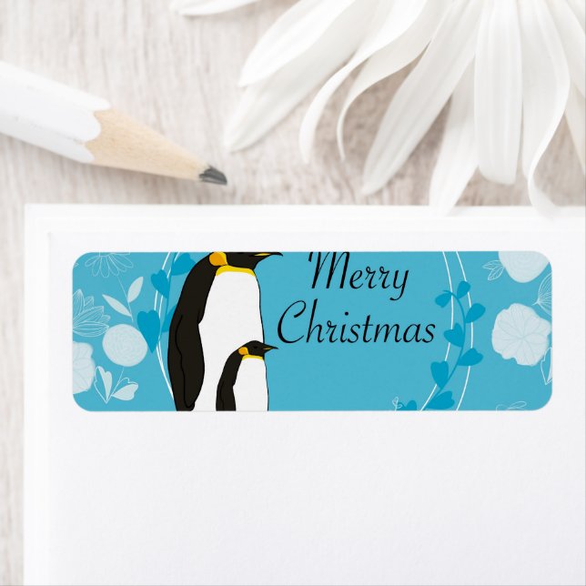 Etiqueta navidad, navidades, pingüino, flores, azul, (In situ)