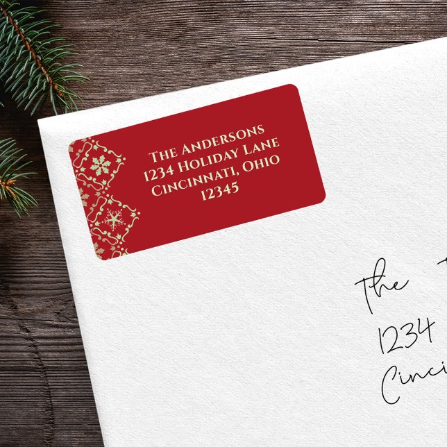 Etiqueta Navidad Patrón Clásico de Copo de Nieve Verde Simp (Christmas elegant snowflake pattern with a red background with a light green return address label.)