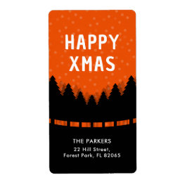 Etiqueta Navidad retro feliz con pinos y nieve