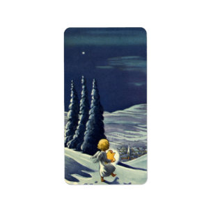 Etiqueta Navidad Vintage, Ángel de la nieve caminando con u