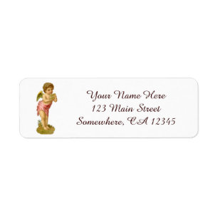 Etiqueta Navidad vintage, ángel músico con tubos de pan