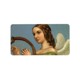 Etiqueta Navidad Vintage, Ángel Victoriano con Arpa de Músi