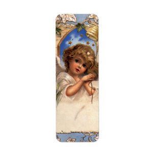 Etiqueta Navidad vintage, Ángel victoriano con campanas de