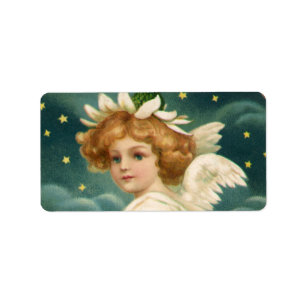 Etiqueta Navidad Vintage, Ángel Victoriano con Estrellas Do