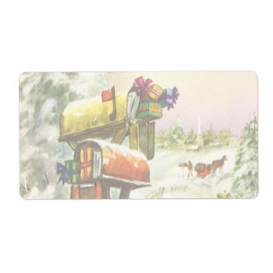 Etiqueta Navidad vintage, buzones de correo en el paisaje i