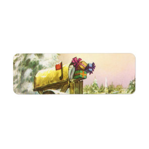 Etiqueta Navidad Vintage, buzones en paisaje invernal