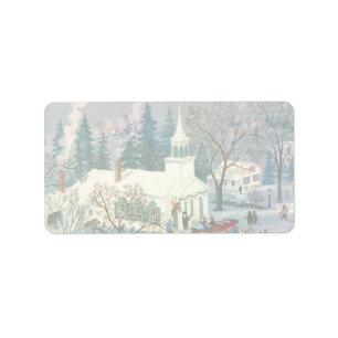 Etiqueta Navidad Vintage, gente yendo a la iglesia en la ni