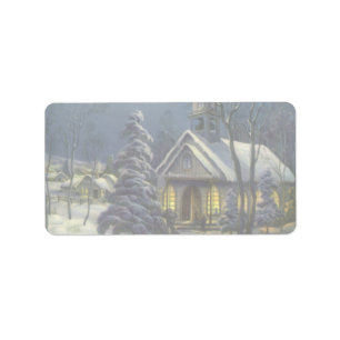 Etiqueta Navidad Vintage, Iglesia de Invierno en la Nieve c