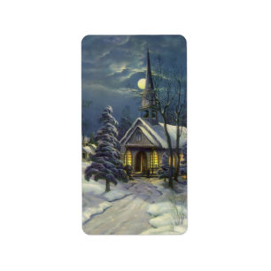 Etiqueta Navidad Vintage, Iglesia de Invierno en la Nieve c