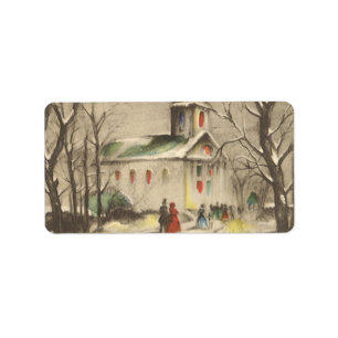 Etiqueta Navidad Vintage, Iglesia en paisaje invernal nevad