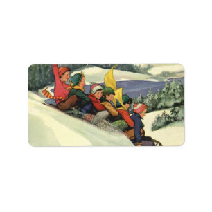 Etiqueta Navidad vintage, niños descansando en una montaña