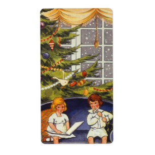 Etiqueta Navidad vintage, niños sentados en un sofá