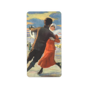 Etiqueta Navidad Vintage, Pareja Romántica Patinando sobre
